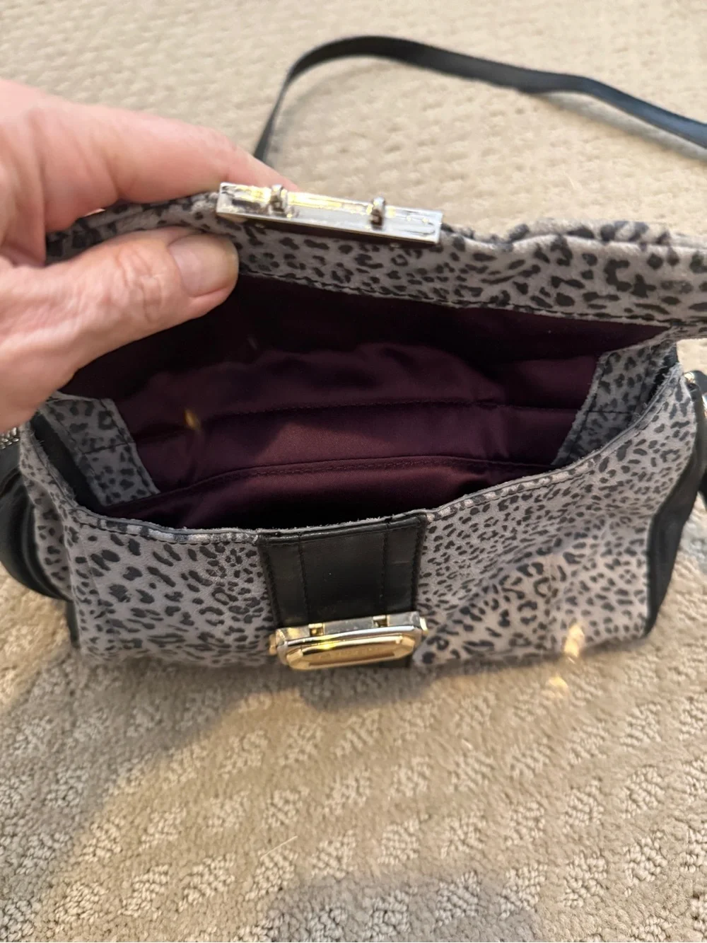 B. Makowsky Black Leather Crossbody Bag with Gray Leopard Print